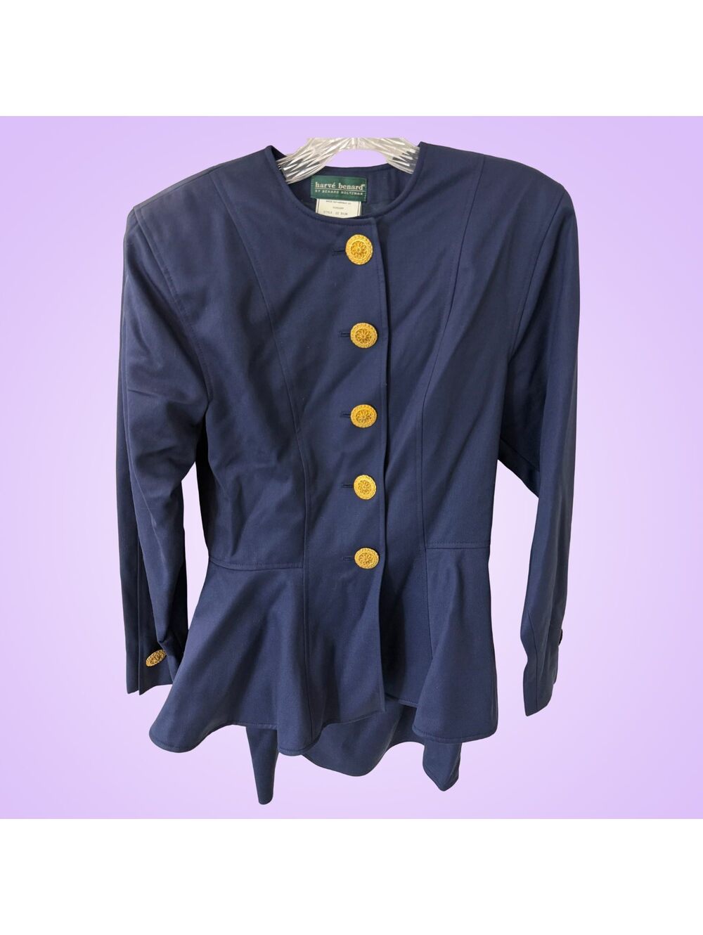 Vintage 1980s Harve Benard Navy Wool Gold Button Peplum Coat Dress Size 4